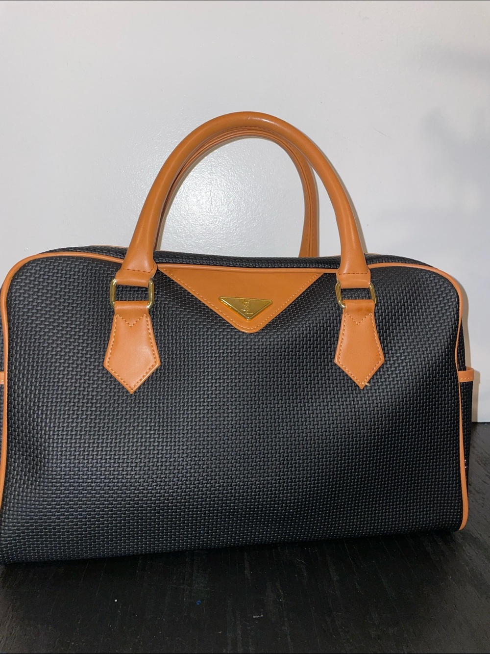 Yves Saint Laurent Black Woven Duffel with Tan Leather Trim